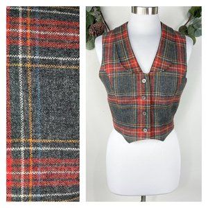 Vintage Womens Vest Waistcoat Size S M 100% Wool Tartan Plaid Peter Pan Collar